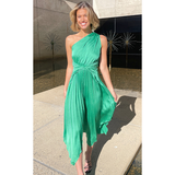 One Shoulder  Irresistible Desire Satin Ruffle Midi Dress