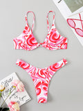 Solid Color Printed Hollow Backless Padded Spaghetti-Neck Bikini Swimsuit