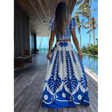 Printed Ruffle Blue Cut Out Maxi Dress