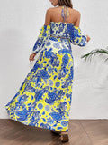 Halter Puff sleeve Printed Blue Maxi Dress