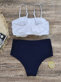 Padded Buttoned Color-Block Flower Spaghetti-Neck Bikini Swimsuit