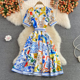 Majolica Print Tie Waist Midi Dress Flaxmaker