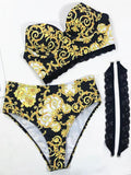 Bandeau-Bikini-Badeanzug mit Schlitz und Bügeln mit Blumenmuster