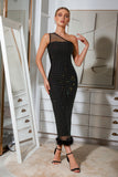 Oblique Shoulder Feathers Bandage Black Maxi Dress Flaxmaker