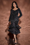 V Neck Sequin Long-sleeved  Ruffle Dress