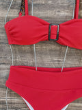 Solid Color Hollow High-Waisted Chains Buckle Bandage Padded Spaghetti-Neck Swimsuits Bikini Swimsuit