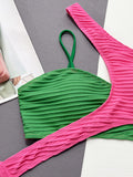 Color-Block Belly-Hollow Bandage Padded One-Shoulder Bikini Swimsuit