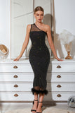 Oblique Shoulder Feathers Bandage Black Maxi Dress Flaxmaker