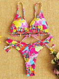 Floral-Print Triangle Split Bikini Swimsuit