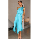 One Shoulder  Irresistible Desire Satin Ruffle Midi Dress