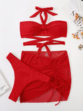 Drawstring Bandage Solid Color Bikini Swimsuit Three Pieces Set