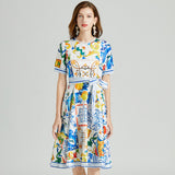 Majolica Print Tie Waist Midi Dress Flaxmaker