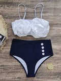 Padded Buttoned Color-Block Flower Spaghetti-Neck Bikini Swimsuit