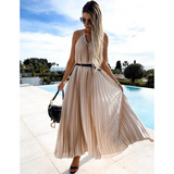 V Neck Satin Ruffle Sling Maxi Dress