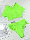 Short Sleeves Tie Sid Hollow Back Green Bikini Swimsuit