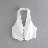 Fashion Halter Buttons Solid Color Two Piece Set