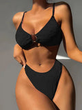 Solid Color Hollow Bandage Padded Spaghetti-Neck Bikini Swimsuit