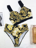 Bandeau-Bikini-Badeanzug mit Schlitz und Bügeln mit Blumenmuster