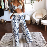 Casual Printed Sexy Crop Top and Wide Leg Pants Two-piece Set