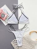 False Two Padded Backless Bandage Color-Block V-Neck Bikini Swimsuit