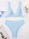 Solid Color High-Waisted V-Neck Bikini Swimwear