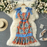 Flaxmaker Sling Bowknot Retro Printed Dress