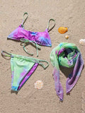 Tie-Dyed Spaghetti-Neck Split Bikini Swimsuit+Cover-Up Three-Piece Set