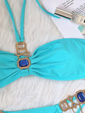 Beaded Decorated Halterneck Padded Hipster Backless Bikini Swimwear