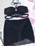 Dreiteiliges Set aus einfarbigem Bandage-Bikini und Cover-Up