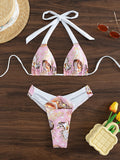 Gepolsterter, rückenfreier Neckholder-Bikini-Badeanzug mit Hohlmuschel-Print