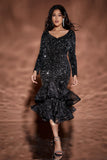 V Neck Sequin Long-sleeved  Ruffle Dress