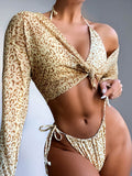 Leopard Split Bikini Swimsuit+Cover-Up Three-Piece Set