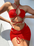 Solid Color Bandage Hollow Bikini+Cover-Up Three-Piece Set