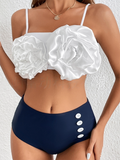 Padded Buttoned Color-Block Flower Spaghetti-Neck Bikini Swimsuit