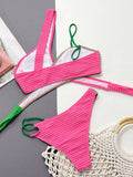 Color-Block Belly-Hollow Bandage Padded One-Shoulder Bikini Swimsuit