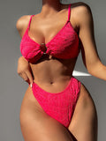 Solid Color Hollow Bandage Padded Spaghetti-Neck Bikini Swimsuit