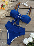 Solid Color Hollow High-Waisted Chains Buckle Bandage Padded Spaghetti-Neck Swimsuits Bikini Swimsuit