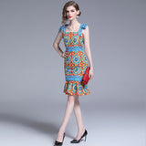 Flaxmaker Sling Bowknot Retro Printed Dress