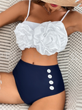 Padded Buttoned Color-Block Flower Spaghetti-Neck Bikini Swimsuit