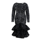 V Neck Sequin Long-sleeved  Ruffle Dress