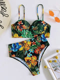 Spaghetti-Neck Bralette High-Waisted Floral Print Bikini Swimwear