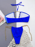 Hollow Color-Block Belly-Hollow Padded Halter-Neck Bikini Swimsuit