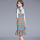 Flaxmaker Sling Bowknot Retro Printed Dress