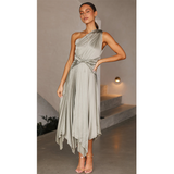 One Shoulder  Irresistible Desire Satin Ruffle Midi Dress