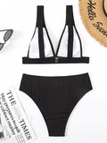 Solid Color High-Waisted V-Neck Bikini Swimwear