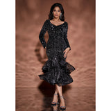 V Neck Sequin Long-sleeved  Ruffle Dress