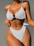 Solid Color Hollow Bandage Padded Spaghetti-Neck Bikini Swimsuit