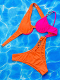 Hollow Color-Block Padded One-shoulder Bikini Swimsuit