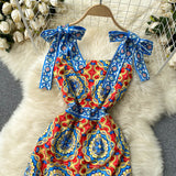 Flaxmaker Sling Bowknot Retro Printed Dress