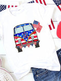 American Flag Car Print Crew Neck Graphic T-shirt Aosig